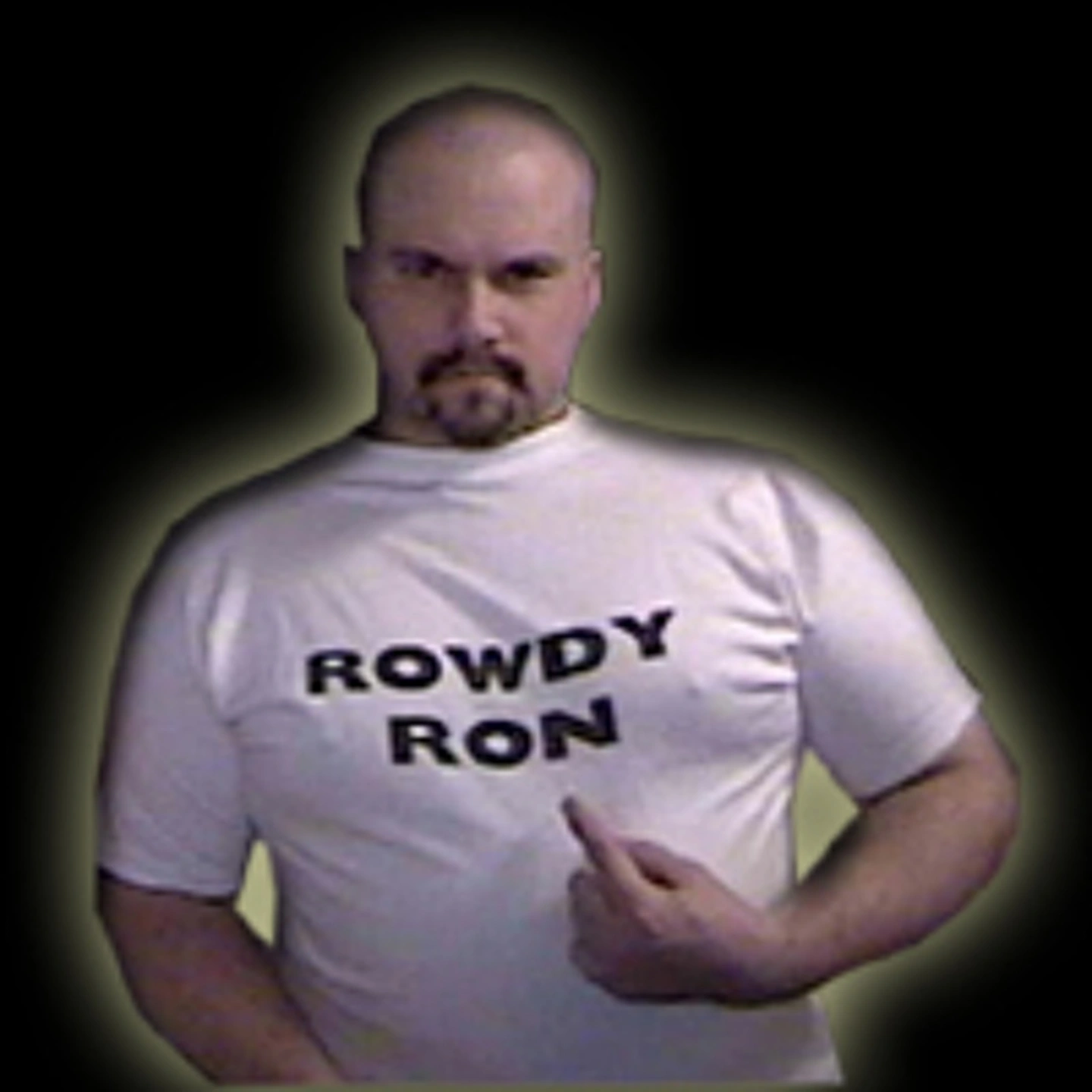 Archive portrait of Ron wearing a Rowdy Ron wrestling shirt