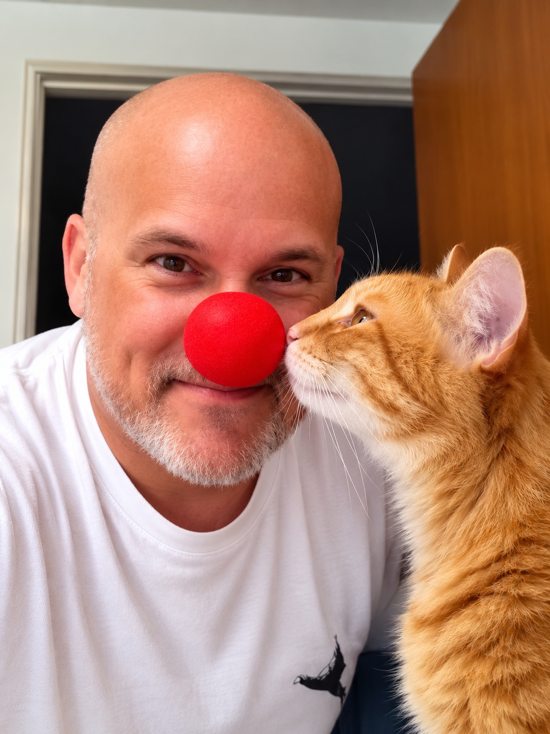 Ron sharing a playful moment with a cat and a red clown nose