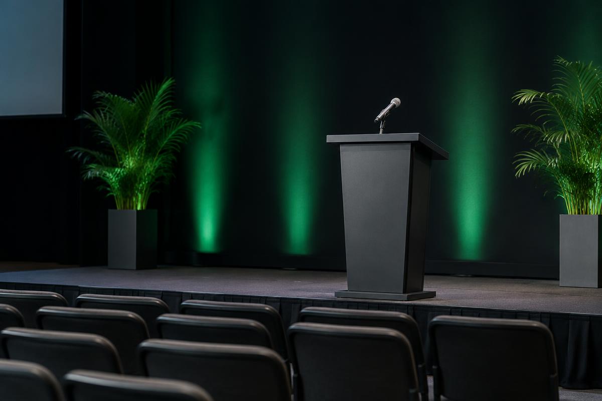 Microphone and lectern prepared for a company presentation