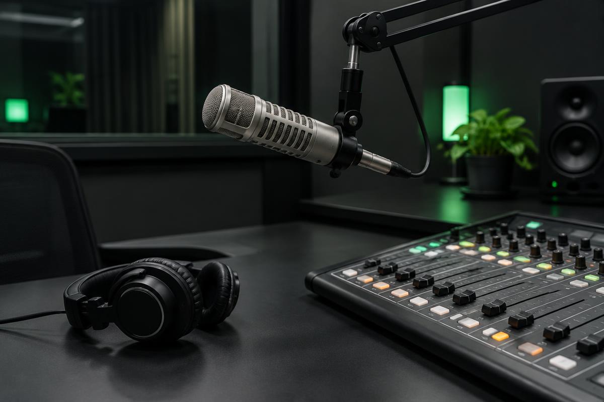 Radio studio microphone, headphones and mixing console