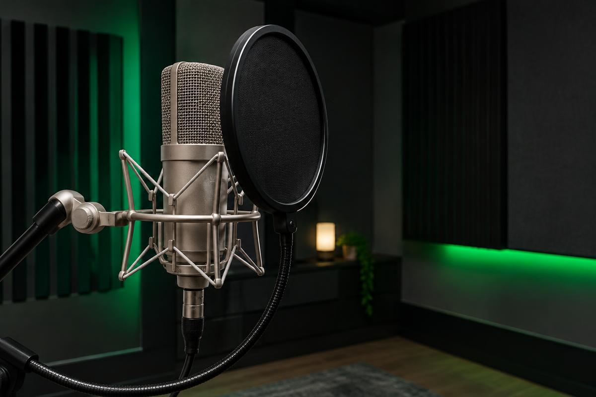 Silver microphone and pop filter in a voice recording studio